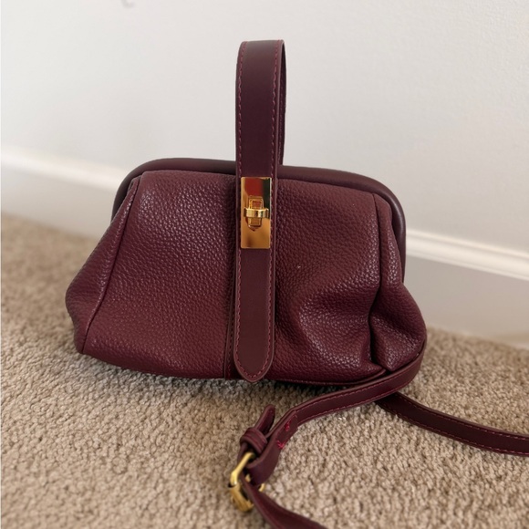 None Handbags - Structured Pebbled Crossbody Bag in Burgundy with Gold Hardware
